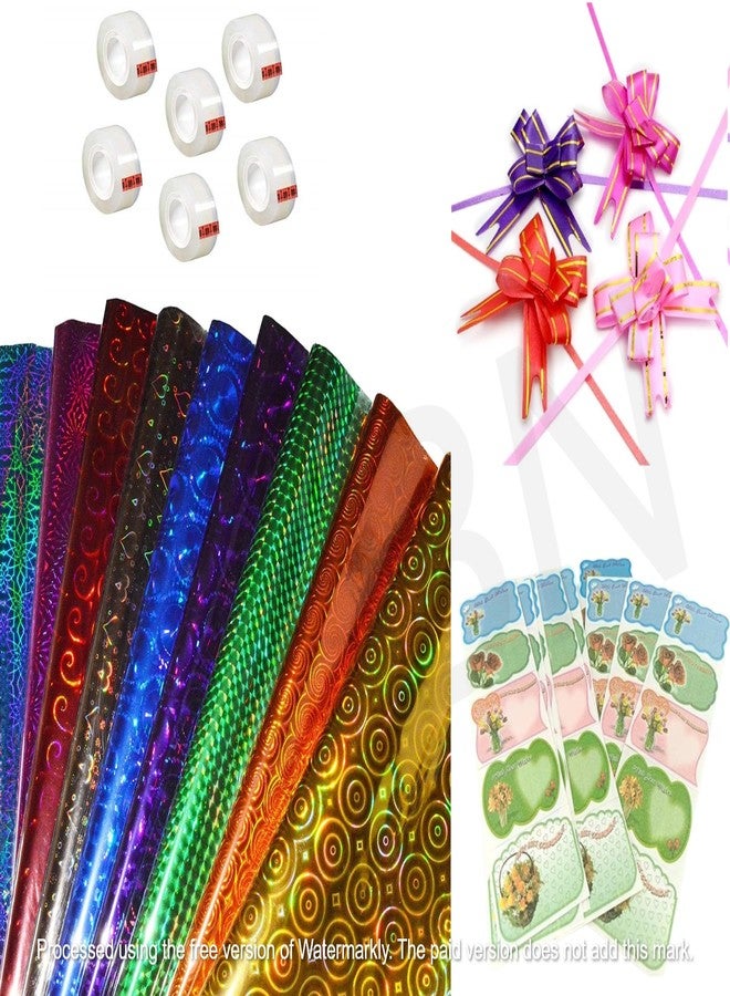 YBN - 100 PCS Gift Wrapping Holographic Cellophane Sheets with 100 PCS Gift Nametag Stickers & Gift 100 Ribbons For Packaging & 10 PCS Clear Tape | Gift Wrapping Sheets - 45CM x 65CM (100) (100) - Image 1